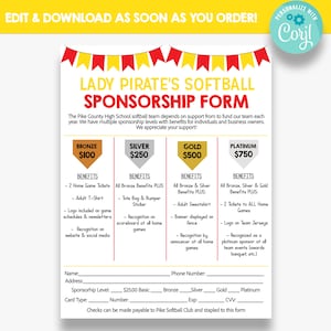 EDITABLE Softball Sponsorship Form | Softball Membership Form | School Softball Sponsorship Sign-Up