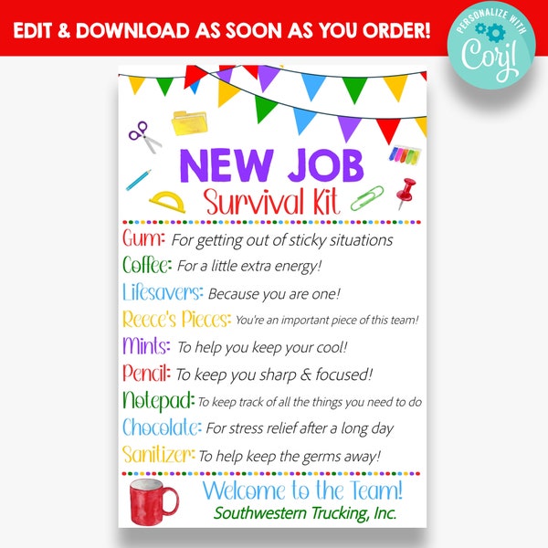 EDITABLE New Job Survival Kit Tag | New Job Gift Idea | Printable Appreciation Gift Tags | Welcome to the Team New Job Treat Tags
