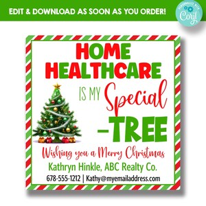 May include: A white Christmas-themed sign with red and green stripes. The sign features a cartoon Christmas tree with ornaments and presents. The text on the sign reads "HOME HEALTHCARE IS MY SPECIAL -TREE Wishing you a Merry Christmas Kathryn Hinkle, ABC Realty Co. 678-555-1212 | Kathy@myemailaddress.com"