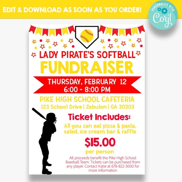 EDITABLE Softball Fundraisier Flyer | Softball Fundraising Dinner Flyer | Softball Fundraiser Flyer with Tickets | Softball Dinner Tickets