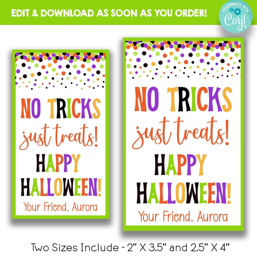 EDITABLE No Tricks Just Treats Kid's Halloween Treat Bag Tags ...