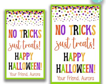 BEWERKBAAR Geen trucs, alleen traktaties Cadeauzakjes voor Halloween-traktatie voor kinderen | Halloween-bedankkaartjes | Afdrukbare cadeaukaartjes Happy Halloween
