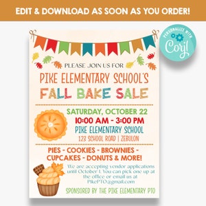 EDITABLE Fall Bake Sale Flyer | PTO Bake Sale Fundraiser Flyer | Printable Fundraising Flyer
