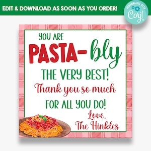 EDITABLE You are Pasta-Bly the Best Square Gift Tags | Pasta Dinner Appreciation Tags | Printable Gift Tag