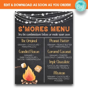 May include: A printable s'mores menu with a chalkboard background and orange text. The menu lists different s'mores combinations, including The Original, Candied Bacon, Peanut Butter, Caramel Coconut, Triple Chocolate, and Mexican.