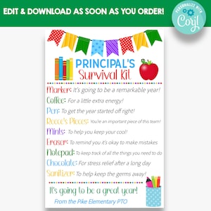 EDITABLE Principal's Survival Kit Tag | Back to School Principal Gift Idea | Principal Appreciation Gift Tags | Printable School Gift Tag
