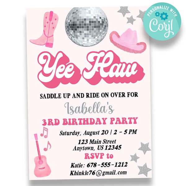 Editable Yee Haw Space Cowgirl Birthday Invitation | Disco Birthday Invitation | Space Cowgirl Birthday Party | Girl's Birthday | INV161