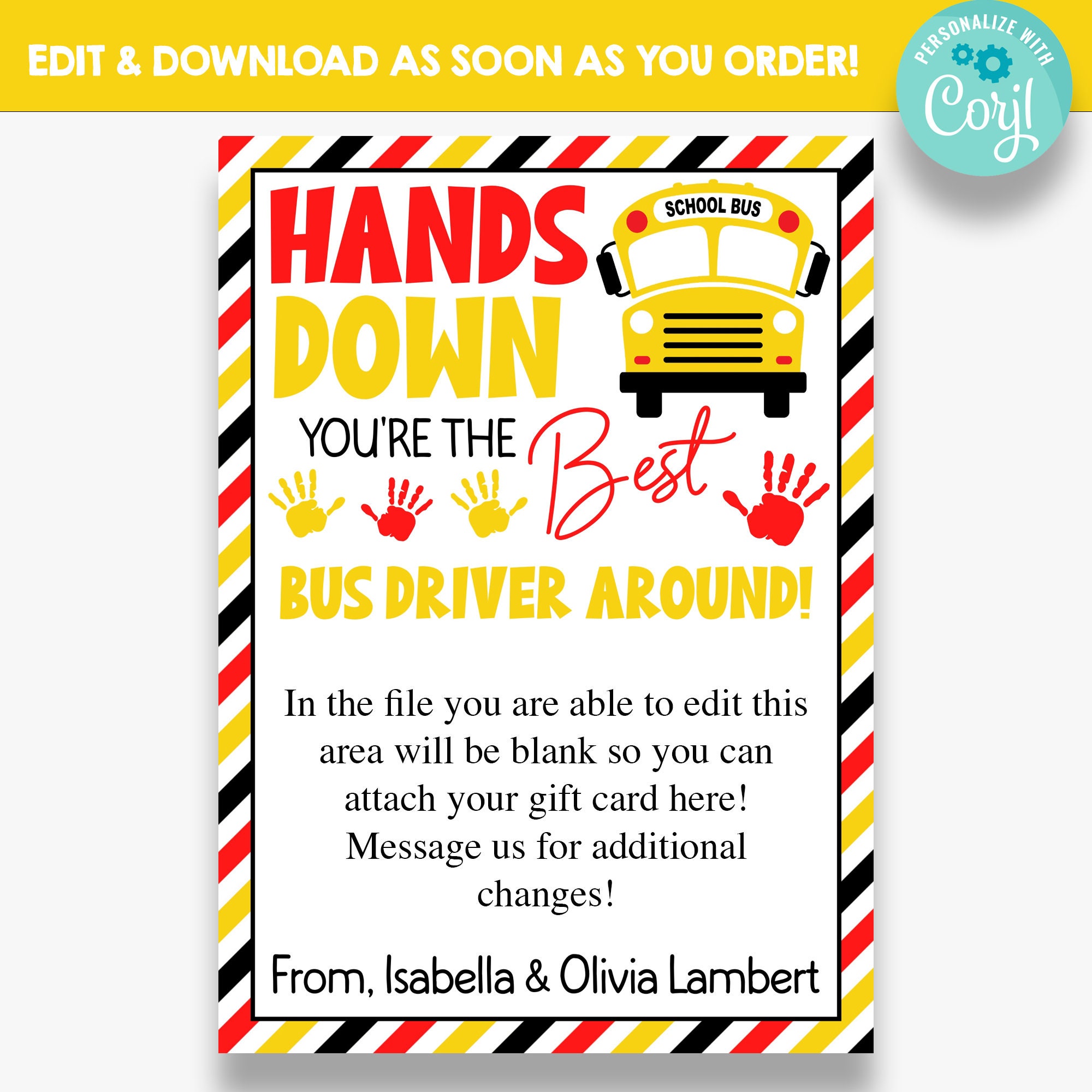 EDITABLE Hands Down You're the Best Bus Driver Around Gift Card Holder Bus Driver Gift Tag Bus Driver Thank You Gift