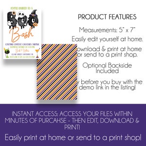 May include: Printable Halloween party invitation with a black and orange striped background. The invitation features a cartoon illustration of a ghost, skull, and witch with the text "You're invited to a Boo Bash". The invitation is 5 inches by 7 inches.
