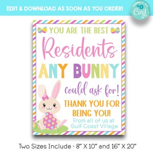 May include: A colourful printable sign featuring a cartoon bunny holding an Easter egg. The sign reads "You are the best residents any bunny could ask for! Thank you for being you! From all of us at Gulf Coast Village". The sign is available in two sizes: 8" x 10" and 16" x 20".