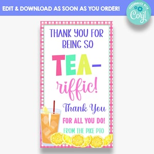 EDITABLE Thank you for Being So Tea-Riffic Rectangle Gift Tags | Iced Tea Gift Tag | Staff or Teacher Appreciation Gift