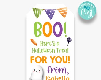 May include: A printable Halloween treat tag featuring a ghost, sweets, and bunting. The tag reads "BOO! Here's a Halloween Treat FOR YOU! from, Isabella".