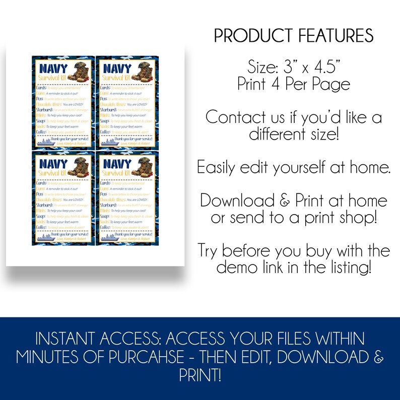 EDITABLE Navy Survival Kit Tag Navy Deployment Gift Idea Etsy