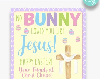 Puede incluir: Un cartel de Pascua amarillo y morado con el texto "No bunny loves you like Jesus! Happy Easter! Your Friends at Christ Chapel". El cartel está decorado con huevos de Pascua coloridos y una ilustración de acuarela de una cruz.