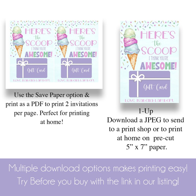 EDITABLE Ice Cream Gift Card Holder Here's the Scoop Ice Etsy