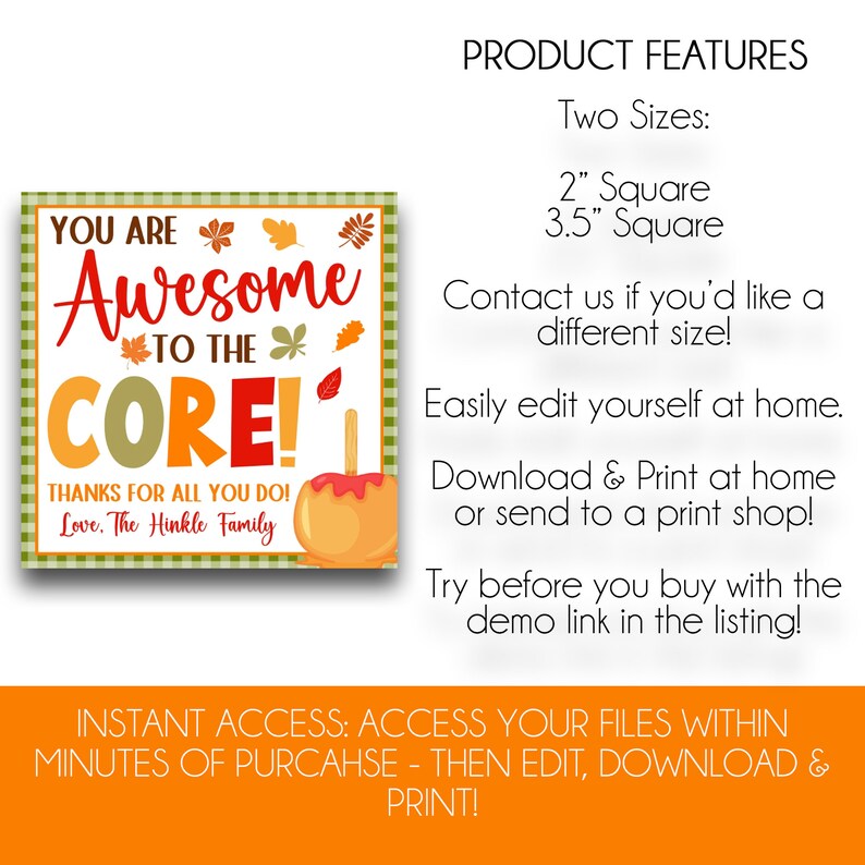 BEWERKBAAR You Are Awesome to the Core Tags voor herfsttraktaties | Karamel appel Thanksgiving bedankkaartjes | Cadeaukaartjes waardering herfstthema afbeelding 2
