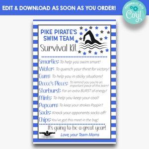 EDYTOWALNY Royal Blue Swim Team Survival Kit Gift Tag | Upominek dla pływaka Survival Kit | Smakołyki dla drużyny pływackiej | Pomysł na prezent dla drużyny | Etykiety na prezenty dla drużyny pływackiej