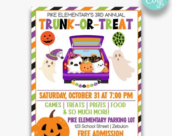 May include: A purple and black striped flyer with a cartoon image of a car trunk with ghosts and pumpkins. The text reads "Pike Elementary's 3rd Annual Trunk-or-Treat" and "Saturday, October 31 at 7:00 PM".