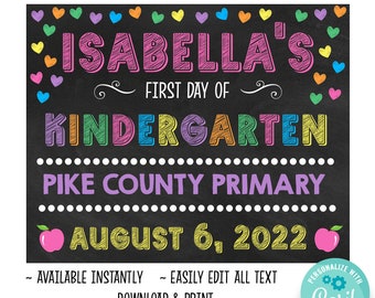 Editable Personalized First Day of Kindergarten Sign | Pastel Chalkboard Back to School Sign | Heart First Day of School Print | BTS148