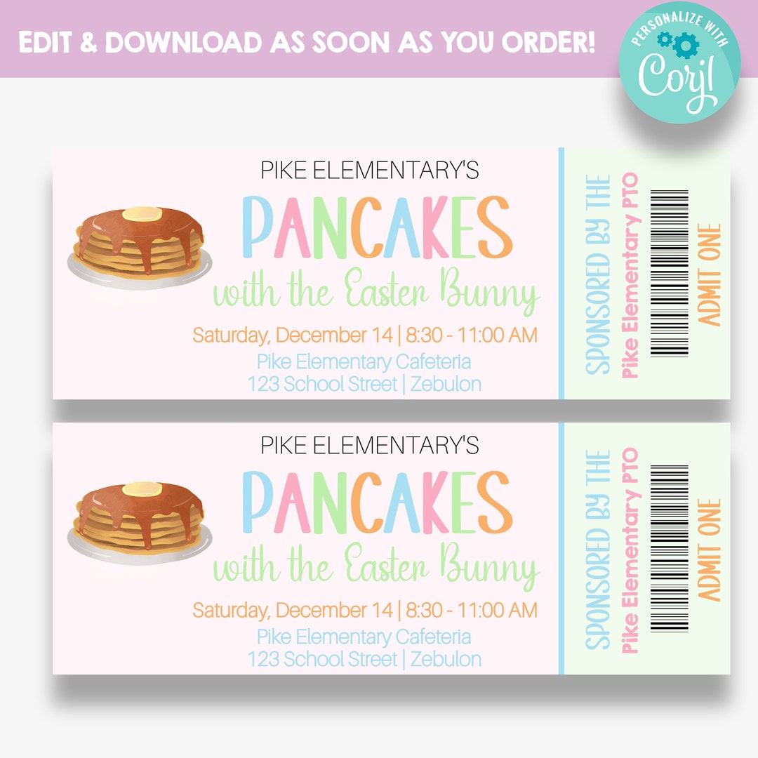 EDITABLE Pancakes With the Easter Bunny Dance Tickets Printable Ticket