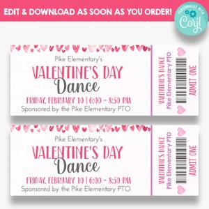 Editierbare Valentinstagstanzkarten | Ausdruckbares Ticket für valentine dance | Schultanzkarte Vorlage
