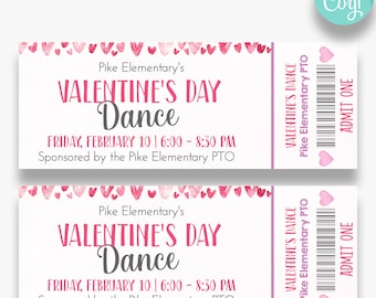 EDITABLE Valentine's Dance Tickets | Printable Ticket for Valentine Dance | School Dance Ticket Template