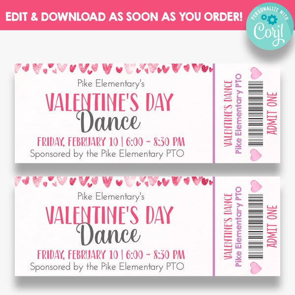 EDITABLE Valentine's Dance Tickets | Printable Ticket for Valentine Dance | School Dance Ticket Template