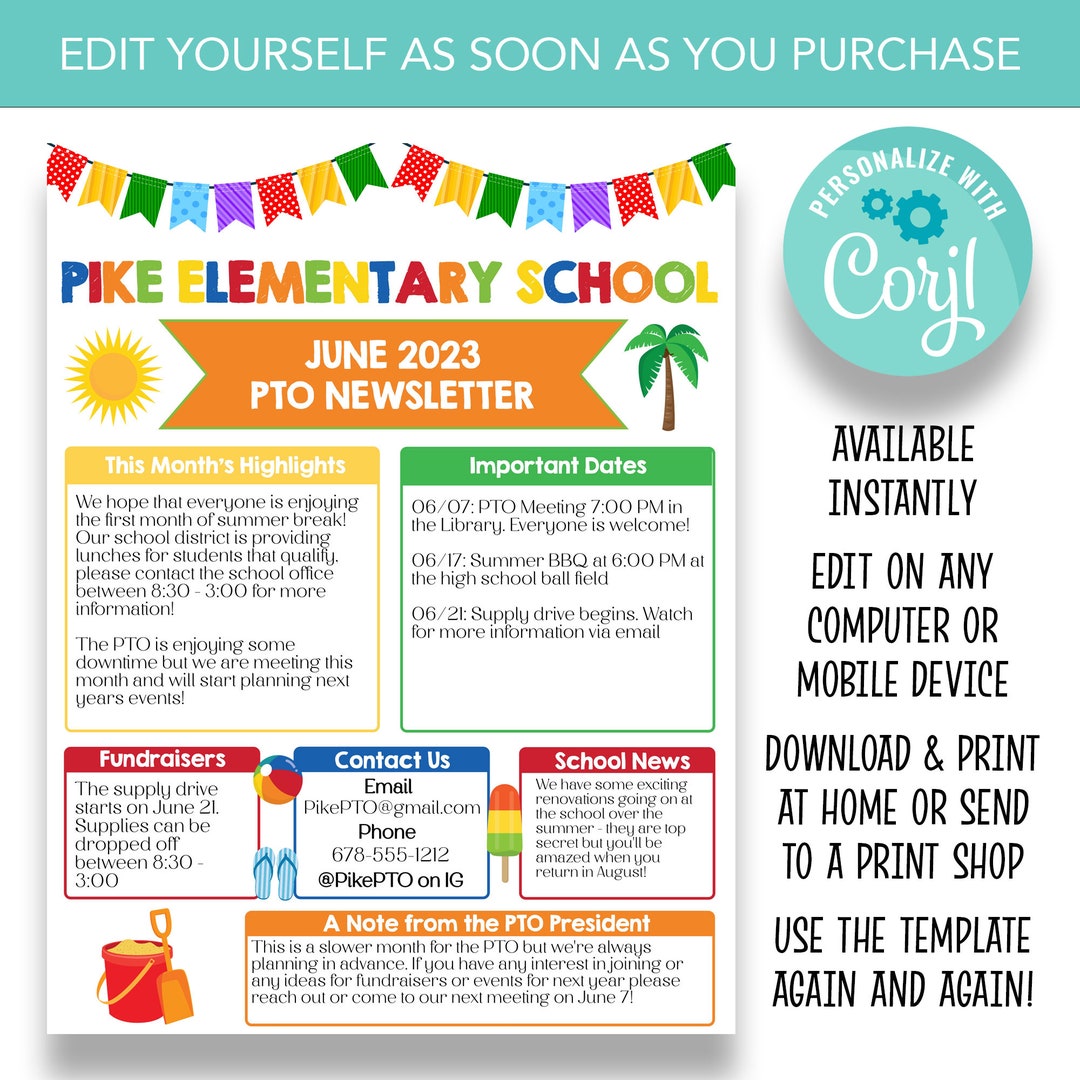 EDITABLE PTO School Newsletter June PTA Newsletter Template Printable EDITABLE PTO School Newsletter June PTA Newsletter Template Printable