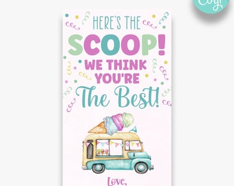 EDITABLE Pink Here's the Scoop, We Think You're An Awesome Teacher Gift Tag | Ice Cream Gift Tags | Teacher Apprection Gift Idea