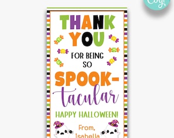 May include: A printable Halloween thank you card with a purple, green, orange, and black striped border. The card says "Thank You for being so Spook-tacular! Happy Halloween!" with a ghost illustration and the text "From, Isabella".