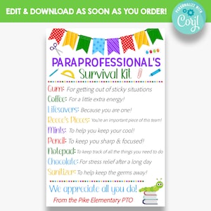 EDITABLE Paraprofessional's Survival Kit Tag | Back to School Parapro Gift Idea | School Appreciation Gift Tags | Printable School Gift Tag