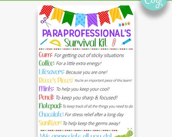 EDITABLE Paraprofessional's Survival Kit Tag | Back to School Parapro Gift Idea | School Appreciation Gift Tags | Printable School Gift Tag