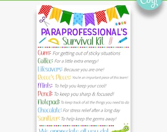 EDITABLE Paraprofessional&#39;s Survival Kit Tag | Back to School Parapro Gift Idea | School Appreciation Gift Tags | Printable School Gift Tag