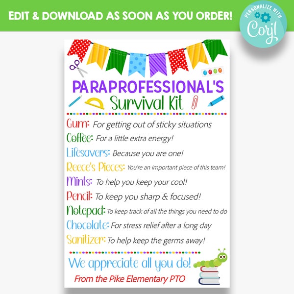 EDITABLE Paraprofessional's Survival Kit Tag | Back to School Parapro Gift Idea | School Appreciation Gift Tags | Printable School Gift Tag