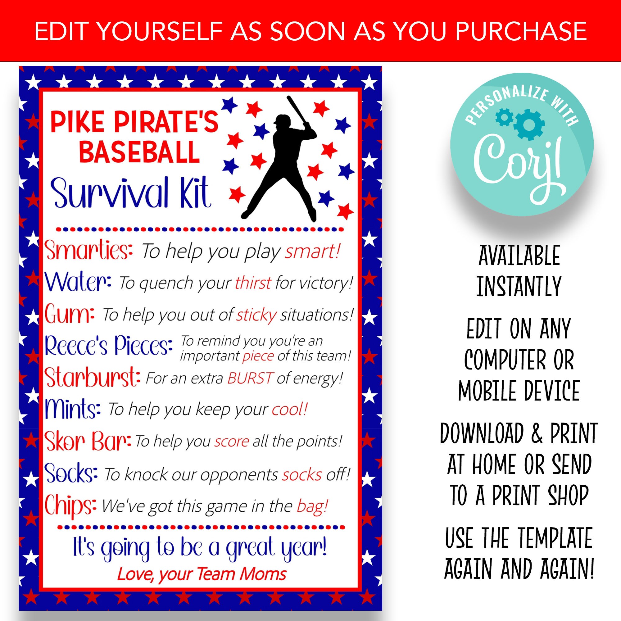 EDITABLE Baseball Team Survival Kit Cards Baseball Team Gift Etsy