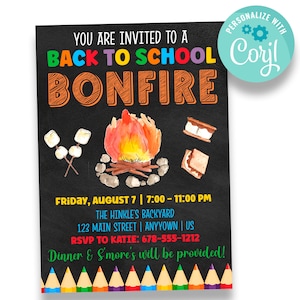Könnte beinhalten: Eine Einladung im Tafelstil für ein Back-to-School-Lagerfeuer. Die Einladung zeigt farbenfrohen Text, eine Aquarell-Lagerfeuer-Illustration, Marshmallows und S'mores. Die Einladung enthält Eventdetails und eine Schaltfläche "Personalize with Corjl".