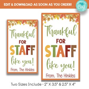 EDITABLE Fall Thankful For Staff Like You Thanksgiving Gift Tags | Employee Appreciation Treat Tags | Fall Leaves Gift Tags