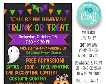 May include: A printable sign for a Trunk or Treat event at Pike Elementary School. The sign is black with orange, green, and purple accents. It features a ghost, a pumpkin, and the text "Join us for Pike Elementary's Trunk or Treat, Saturday, October 28, 7:30-9:30 PM, Pike Elementary Parking Lot, 123 School Street, Zebulon, Free Admission! Games - Food - Face Painting, Car Decorating Contest, Costume Contest, Sponsored by the Pike Elementary PTO."