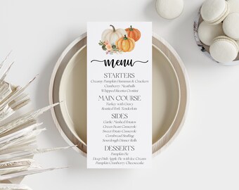 EDITABLE Thanksgiving Menu Template | Fall Themed Dinner Party Menu | Watercolor Pumpkin Printable Menu | Thanksgiving Menu Card