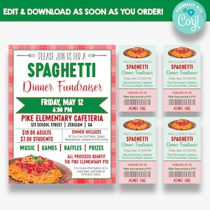 EDITIERBARER Spaghetti Dinner Fundraiser Flyer mit Bonustickets | Pasta Dinner Flyer zum Ausdrucken | Spaghetti Fundraiser Tickets