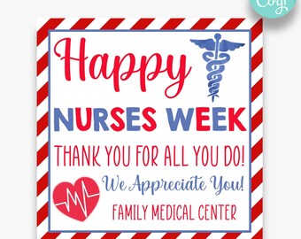 May include: A red and white striped sign with the text "Happy Nurses Week" in red and blue. The sign also includes a blue medical caduceus symbol and the text "Thank you for all you do! We Appreciate You! Family Medical Center."