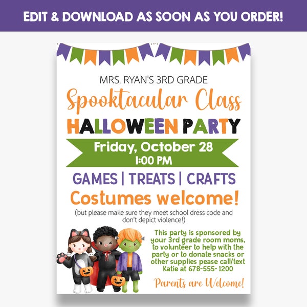 EDITABLE Halloween Class Party Flyer | School Halloween Party Newsletter | Printable Halloween Party Flyer