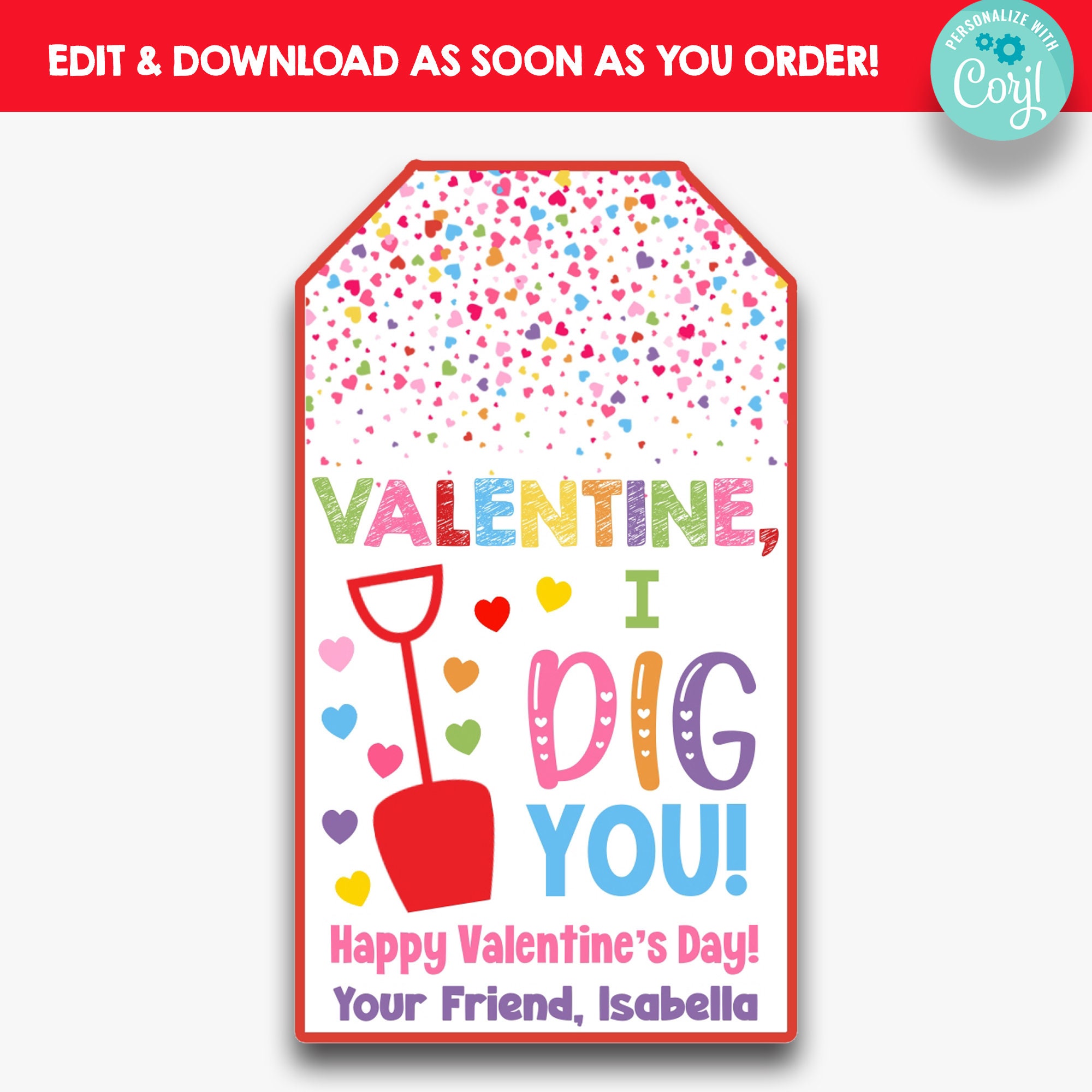 EDITABLE I Dig You Valentine's Day Treat Tags | Beach Shovel Valentine ...