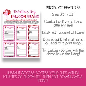 May include: Valentine's Day Balloon Grams printable template. Six pink and red Valentine's Day cards with white polka dots and hearts. Each card has a space to write "To", "Grade", "Teacher", "Message", and "From". The text "Give a special treat to your friends this Valentine's Day!" is at the top of the page. The text "Product Features" is at the top right of the page. The text "Size: 8.5" x 11" is below the text "Product Features". The text "Contact us if you'd like a different size!" is below the text "Size: 8.5" x 11". The text "Easily edit yourself at home." is below the text "Contact us if you'd like a different size!". The text "Download & Print at home or send to a print shop!" is below the text "Easily edit yourself at home.". The text "Try before you buy with the demo link in the listing!" is below the text "Download & Print at home or send to a print shop!". The text "INSTANT ACCESS: ACCESS YOUR FILES WITHIN MINUTES OF PURCHASE - THEN EDIT, DOWNLOAD & PRINT!" is at the bottom of the page.