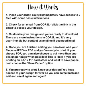 May include: A yellow and white graphic with the text "How it Works" and a list of five steps for customizing and downloading a design. The steps include placing an order, checking email, customizing the design, downloading the file, and printing the design.