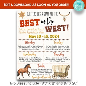 EDITABLE Western Themed Teacher Appreciation Week Itinerary | Best In The West Teacher Appreciation Schedule | Printable Appreciation Sign