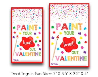 Puede incluir: Dos etiquetas de golosinas imprimibles para el Día de San Valentín con un pincel y una salpicadura de pintura roja con el texto "Pinta tu corazón, Valentín". Las etiquetas están disponibles en dos tamaños: 2" x 3,5" y 2,5" x 4".