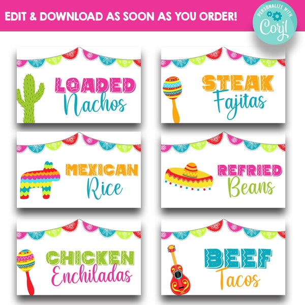 Letreros EDITABLES de comida para la cena mexicana / Carpas con etiquetas de comida para la Fiesta Mexicana / Tarjetas para el lugar de la cena mexicana / Etiquetas imprimibles para comida mexicana