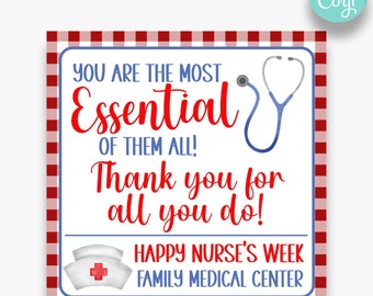 May include: A red and white checkered background with a white rectangle in the center. The rectangle has a blue stethoscope, a red and white nurse's cap, and the text "You are the most Essential of them all! Thank you for all you do! Happy Nurse's Week Family Medical Center".