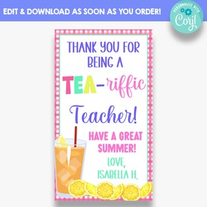 EDITABLE Thank you for Being A Tea-Riffic Teacher Rectangle Gift Tags | Iced Tea Gift Tag | Printable Teacher Appreciation Gift Tag